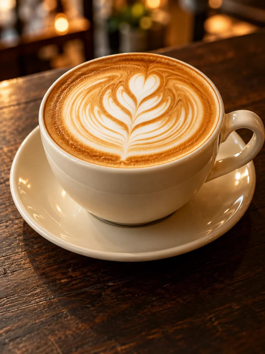 Coffee with suspended drops and beans in warm light