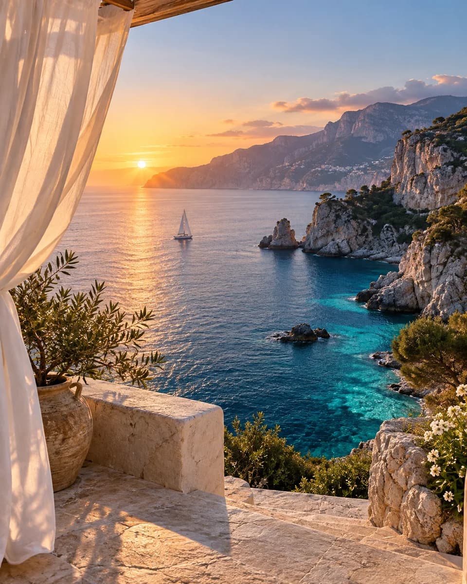 Mediterranean cove at sunrise viewed from a terrace