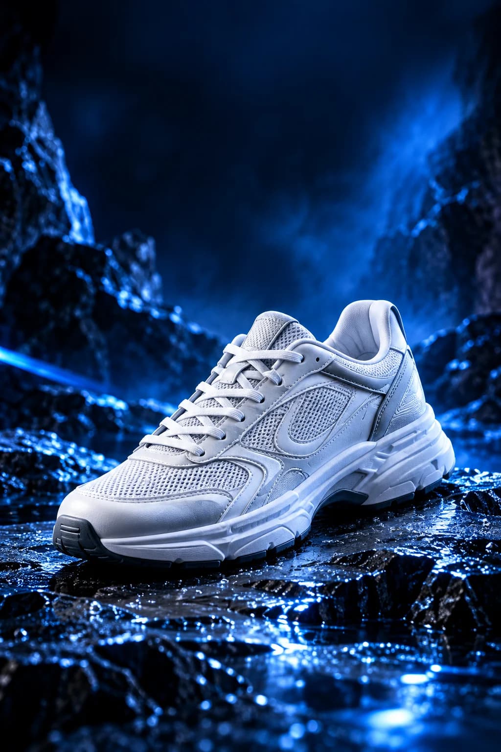 White sneaker on a blue product stage.